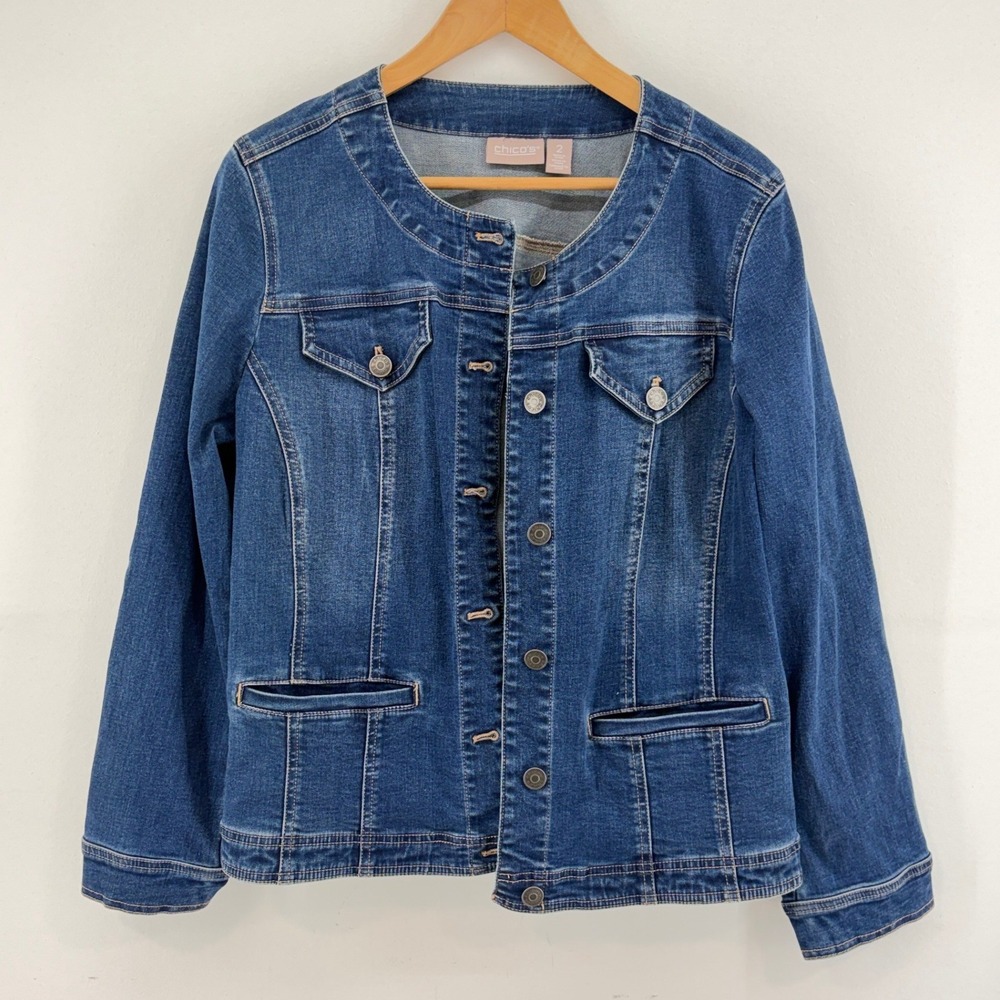 Chicos Women Denim Jacket Dark Wash Collarless Stretch Large 12 Boxy Relaxed